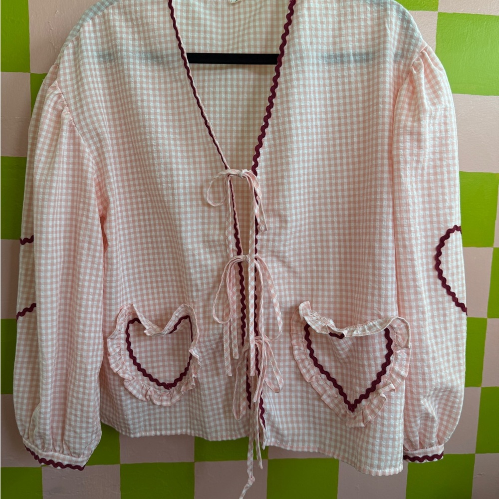Pink Gingham Blouse with Heart Pockets